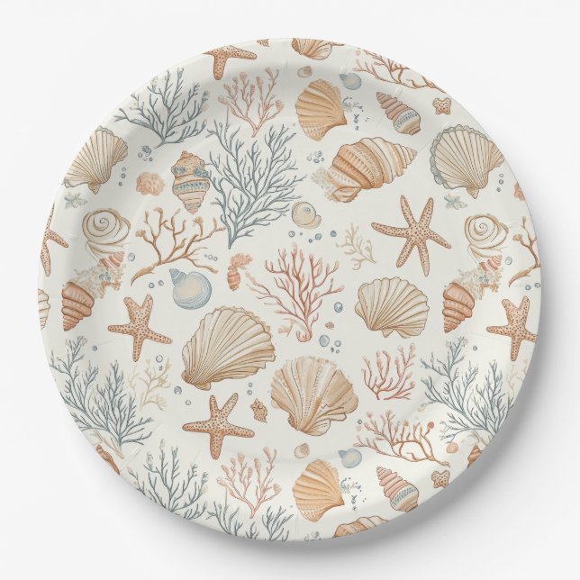 Rustic Coastal - Seashells, Starfish, Reef (32) Paper Plate (Front)