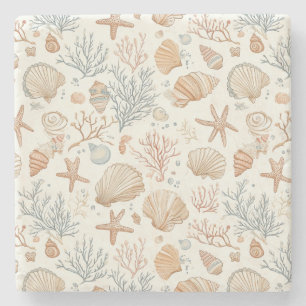 Rustic Coastal - Seashells, Starfish, Reef (32) Stone Coaster