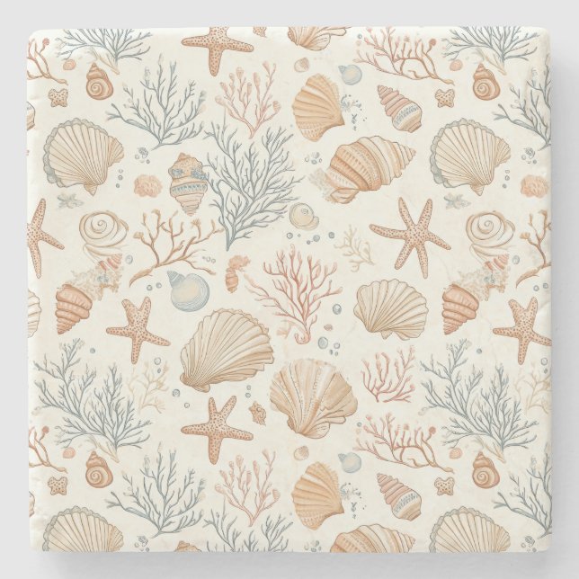Rustic Coastal - Seashells, Starfish, Reef (32) Stone Coaster (Front)