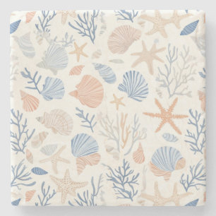 Rustic Coastal - Seashells, Starfish, Reef (34) Stone Coaster