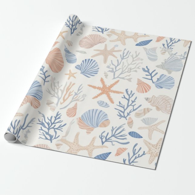 Rustic Coastal - Seashells, Starfish, Reef (34) Wrapping Paper (Unrolled)