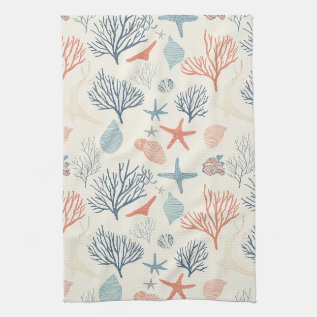 Rustic Coastal - Seashells, Starfish, Reef (35) Kitchen Towel (Vertical)