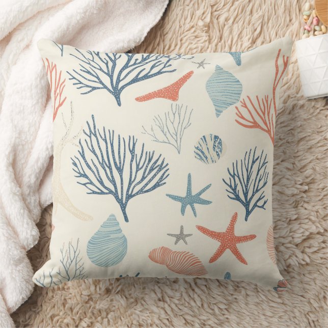 Rustic Coastal - Seashells, Starfish, Reef (35) Throw Pillow (Blanket)