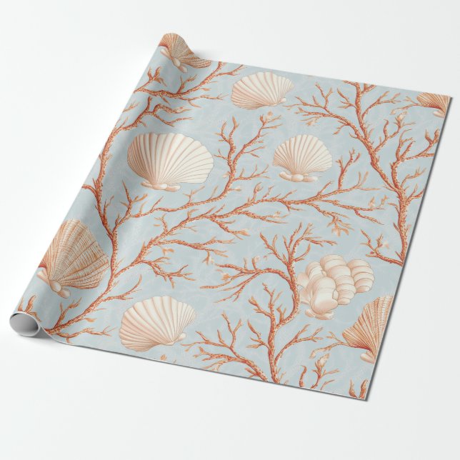 Rustic Coastal - Seashells, Starfish, Reef (36) Wrapping Paper (Unrolled)
