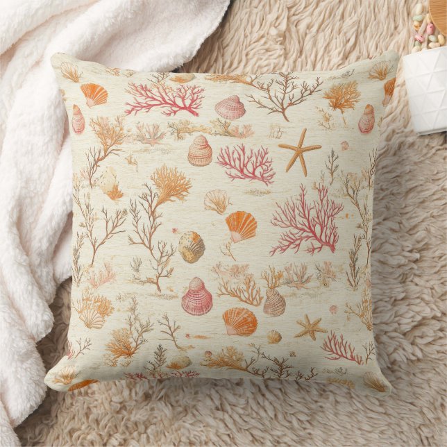 Rustic Coastal - Seashells, Starfish, Reef (5) Throw Pillow (Blanket)