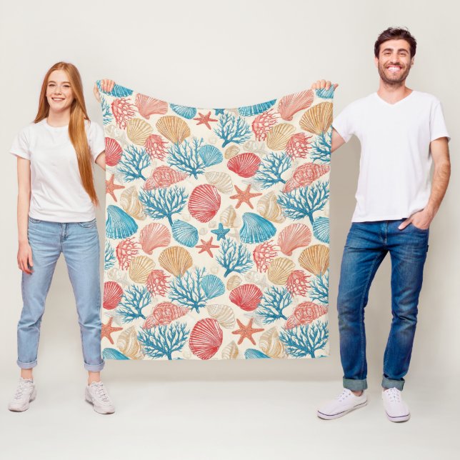 Rustic Coastal - Seashells, Starfish, Reef (7) Fleece Blanket (In Situ)
