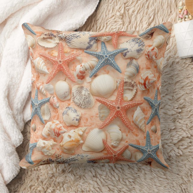 Rustic Coastal - Seashells, Starfish, Reef (8) Throw Pillow (Blanket)