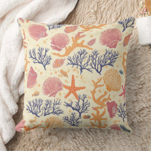 Rustic Coastal - Seashells, Starfish, Reef Throw Pillow