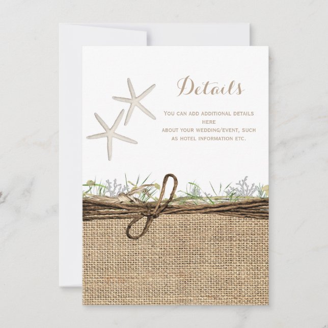 Rustic Coastal Starfish Burlap Wedding Details Invitation (Front)