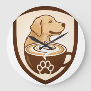 Rustic Coffee & Golden Retriever Shield Logo - Cof Large Clock