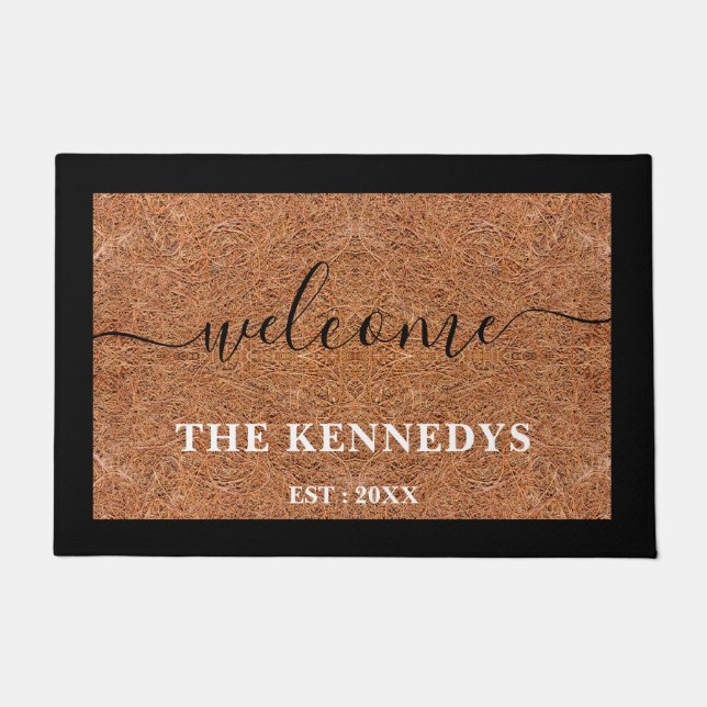 Rustic Coir Black Welcome Last Name Personalized   Doormat (Front)