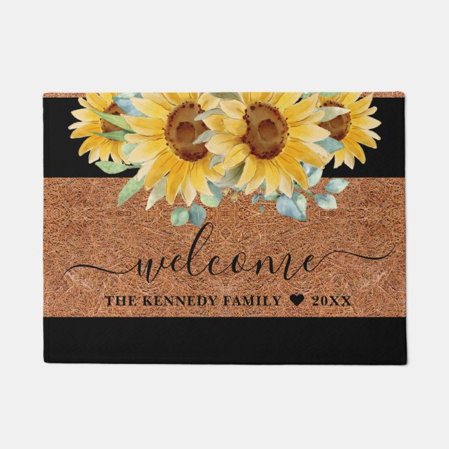 Rustic Coir Family Name Sunflower Welcome Doormat (Front)