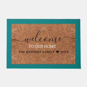 Rustic Coir Teal Welcome Home Family Name Doormat