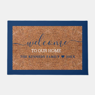 Rustic Coir Welcome  Blue Last Name Personalized  Doormat