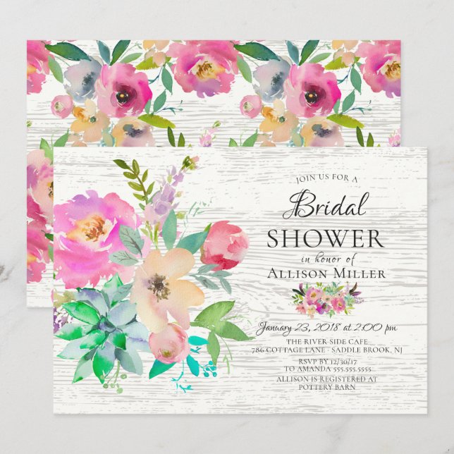 Rustic Colourful Floral Bridal Shower Invitations (Front/Back)