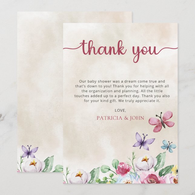 Rustic Colourful Floral Butterflies Baby Shower Thank You Card (Front/Back)