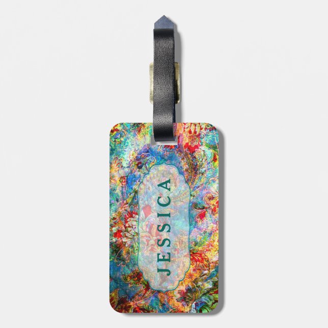 Rustic Colourful Floral Grunge Pattern Luggage Tag (Back Vertical)