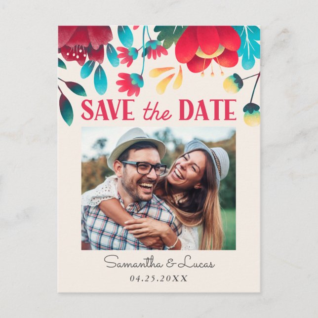 Rustic Colourful Florals Photo Save the Date Announcement Postcard (Front)