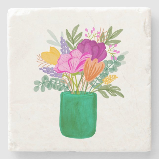 Rustic Colourful Watercolour Floral Bouquet  Stone Coaster (Front)