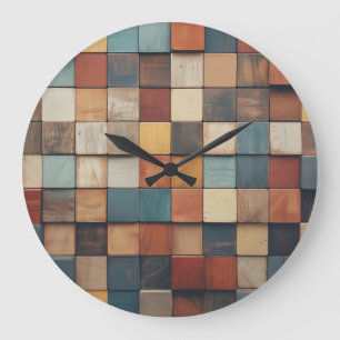 Rustic Colourful Wooden Blocks Pattern Large Clock
