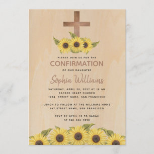 Rustic Confirmation Wood Cross Sunflowers Invitation