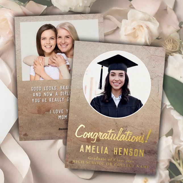 Rustic Congratulations Graduate 2 Photo Graduation Foil Holiday Card (Creator Uploaded)
