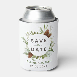 Rustic Conifer Pine Cone Save The Date Photo Can Cooler