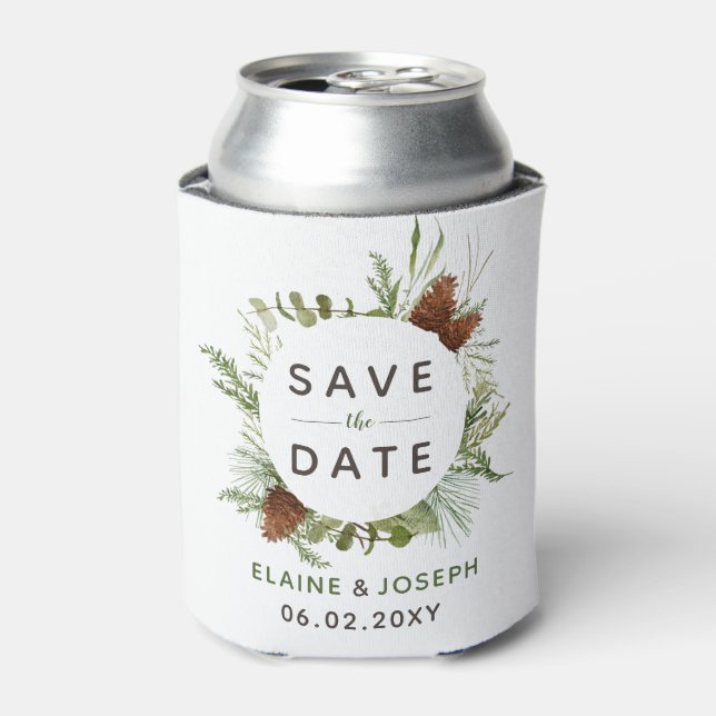 Rustic Conifer Pine Cone Save The Date Photo Can Cooler (Can Front)