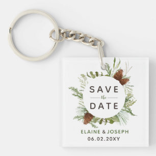 Rustic Conifer Pine Cone Save The Date Photo Keychain