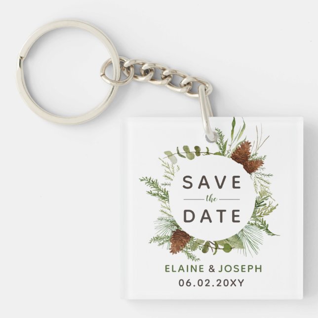 Rustic Conifer Pine Cone Save The Date Photo Keychain (Front)