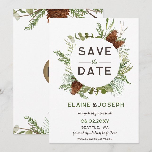 Rustic Conifer Pine cone wedding Save the Date Announcement (Front/Back)
