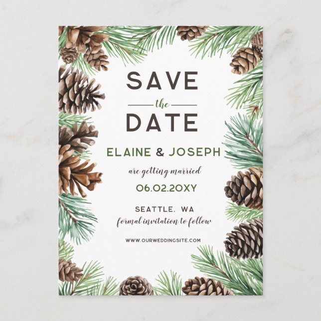 Rustic Conifer Pine cone wedding Save the Date Announcement Postcard (Front)
