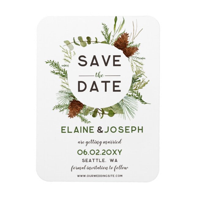 Rustic Conifer Pine cone wedding Save the Date Magnet (Vertical)