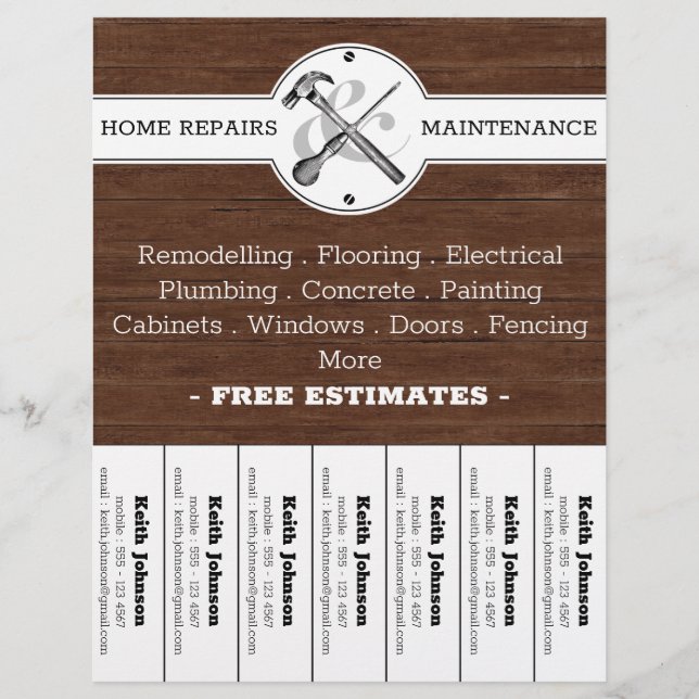 Rustic Construction Wood Grain Vintage Handyman Flyer (Front)