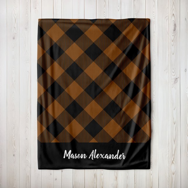 Rustic Copper and Black Buffalo Check Monogram Fleece Blanket (Creator Uploaded)