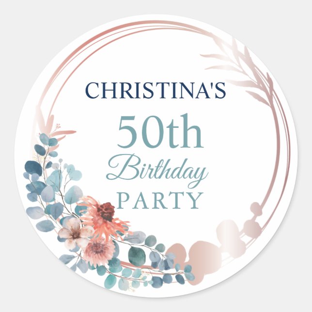 Rustic Copper Blue Floral 50th Birthday Party   Classic Round Sticker (Front)