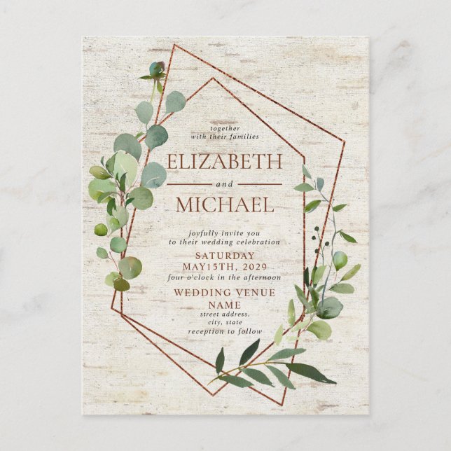 Rustic Copper Geometric Greenery Birch Postcard (Front)