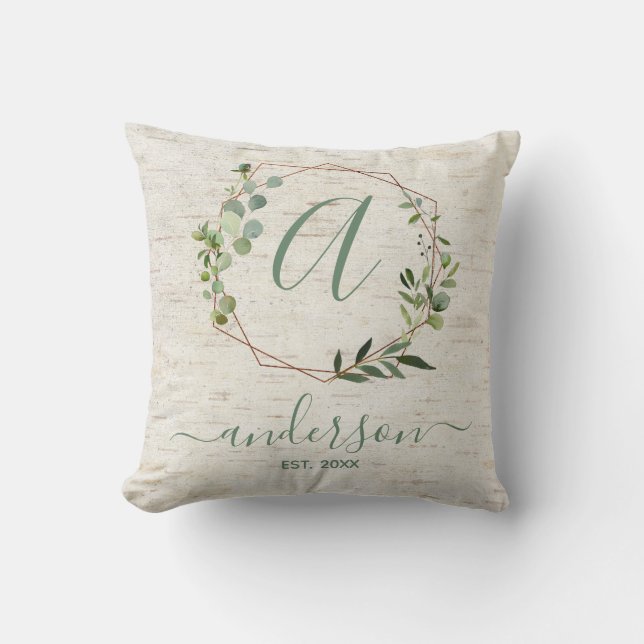 Rustic Copper Geometric Greenery Family Monogram Throw Pillow (Front)
