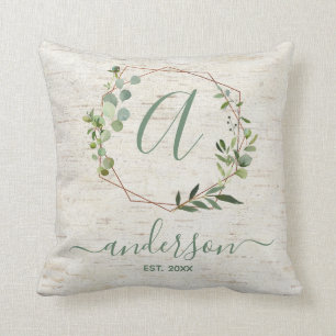 Rustic Copper Geometric Greenery Family Monogram Throw Pillow