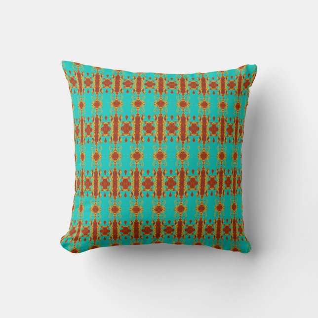 Rustic Copper Red Turquoise Green Pattern Throw Pillow (Front)