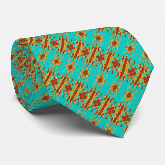 Rustic Copper Red Turquoise Green Pattern Tie (Rolled)