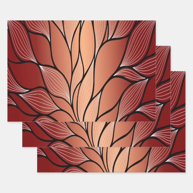 Rustic Coppery Bronze Leave Pattern  Wrapping Paper Sheet (Set)