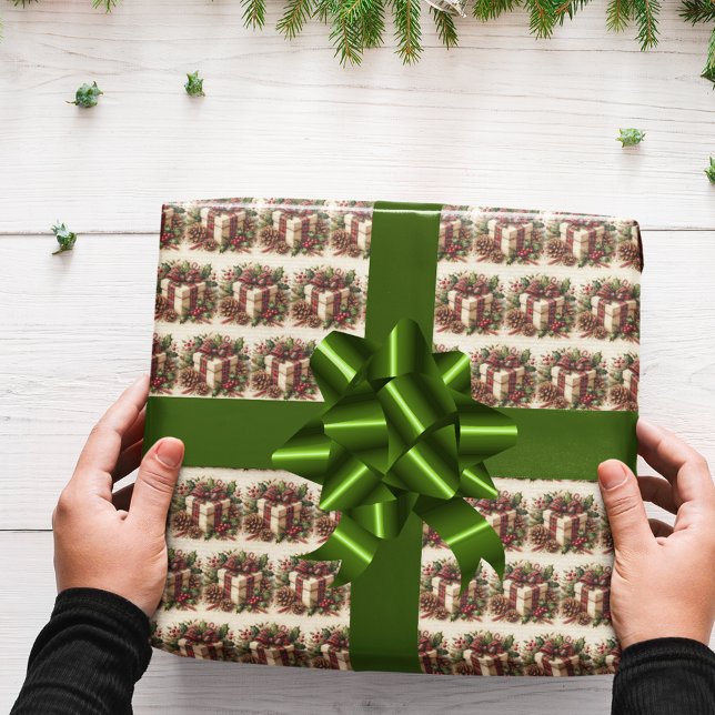 Rustic Coquette Plaid Bow Holly Pinecone Christmas Wrapping Paper (Creator Uploaded)