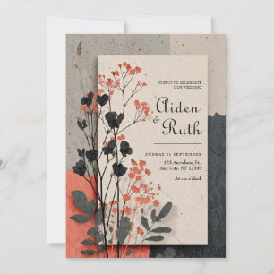 Rustic Coral & Charcoal Foliage Wedding  Invitation