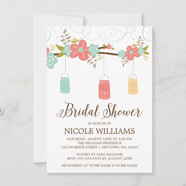 Rustic Coral Mint Mason Jar Branch Bridal Shower Invitation (Front)