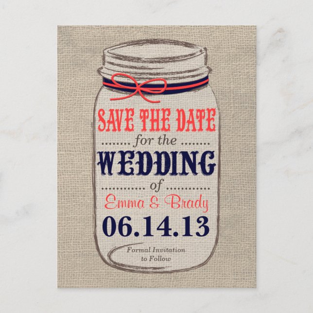 Rustic Coral & Navy Mason Jar Save the Date Announcement Postcard (Front)