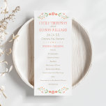 Rustic Coral Pink and Green Floral Wedding Program<br><div class="desc">Rustic chic wedding ceremony programs in a flat tea-length panel style feature a simple floral frame of pretty peach, blush pink, coral, and nectarine orange flowers and soft green botanical leaves with hand-drawn look that frame the design. Personalize the custom template with your wording details, and adjust text if needed...</div>