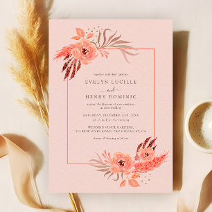 Rustic Coral Pink Floral Terracotta Wedding Invitation