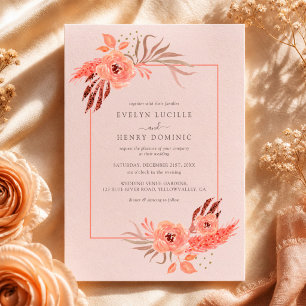 Rustic Coral Pink Floral Terracotta Wedding Invitation