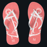 Rustic Coral Vintage Anchor Monogram Flip Flops<br><div class="desc">Custom printed flip flop sandals with a rustic nautical vintage anchor illustration and your custom monogram or other text. Click Customize It to change text fonts and colours or add your own images to create a unique one of a kind design!</div>